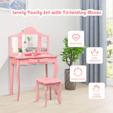 Costzon Kids Wooden Vanity Table & Stool Set, 2 in 1 Detachable Design with Dressing Table and Writing Desk, Princess Makeup Dressing Table with Two 180° Folding Mirror, for Girls, Kids (Pink) Costzon
