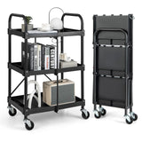 Goplus Folding Utility Cart, 3-Tier Rolling Tool Cart w/Lockable Wheels, 300LBS Capacity, Divided Storage Compartments, Collapsible Metal Service Goplus