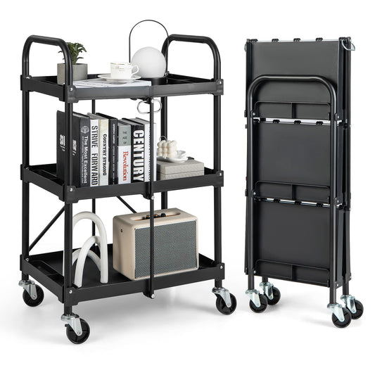 Goplus Folding Utility Cart, 3-Tier Rolling Tool Cart w/Lockable Wheels, 300LBS Capacity, Divided Storage Compartments, Collapsible Metal Service - WoodArtSupply