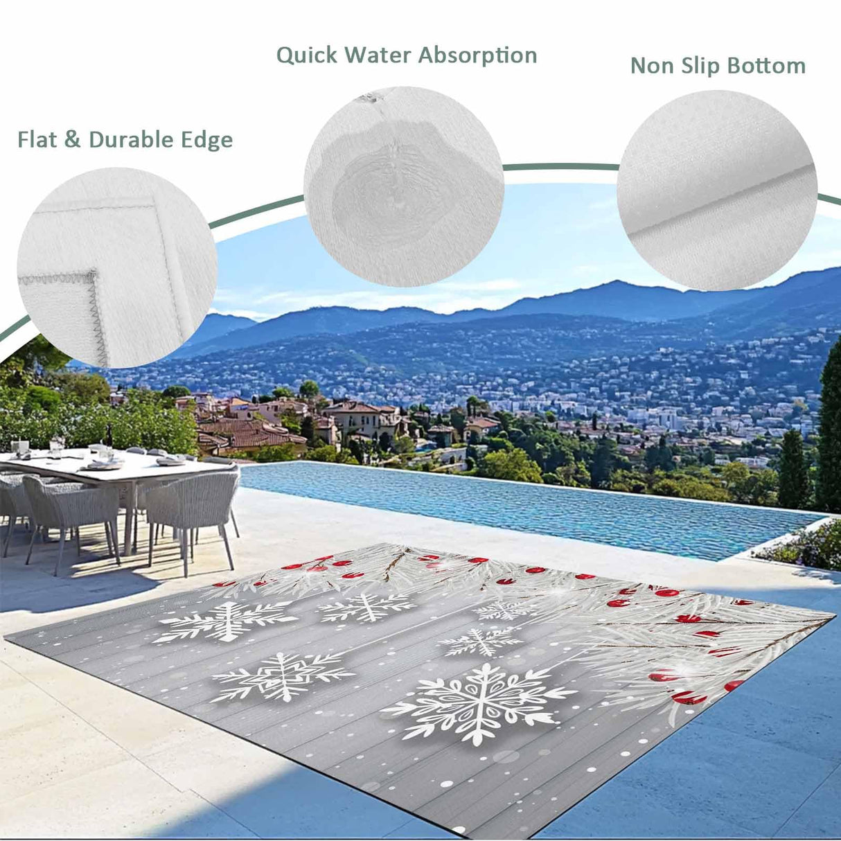 Winter Snowflake Outdoor Rug 5x8ft Christmas White Pine Branch Gray Wood Grain Waterproof Patio Rugs Lightweight Foldable Outside Large Area Rug Carpet for Porch Deck Balcony Backyard Camper Lkicikik