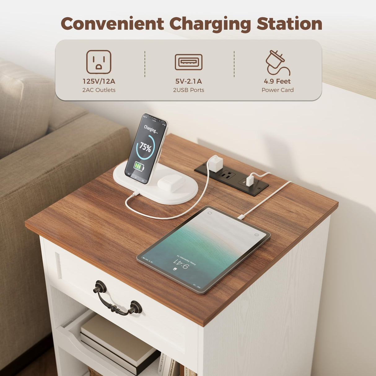 IRONCK Farmhouse Nightstand with Charging Station, Wooden Nightstands with Drawers, Bedside Table with Adjustable Storage Shelves for Bedroom, White IRONCK