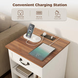 IRONCK Farmhouse Nightstand with Charging Station, Wooden Nightstands with Drawers, Bedside Table with Adjustable Storage Shelves for Bedroom, White IRONCK