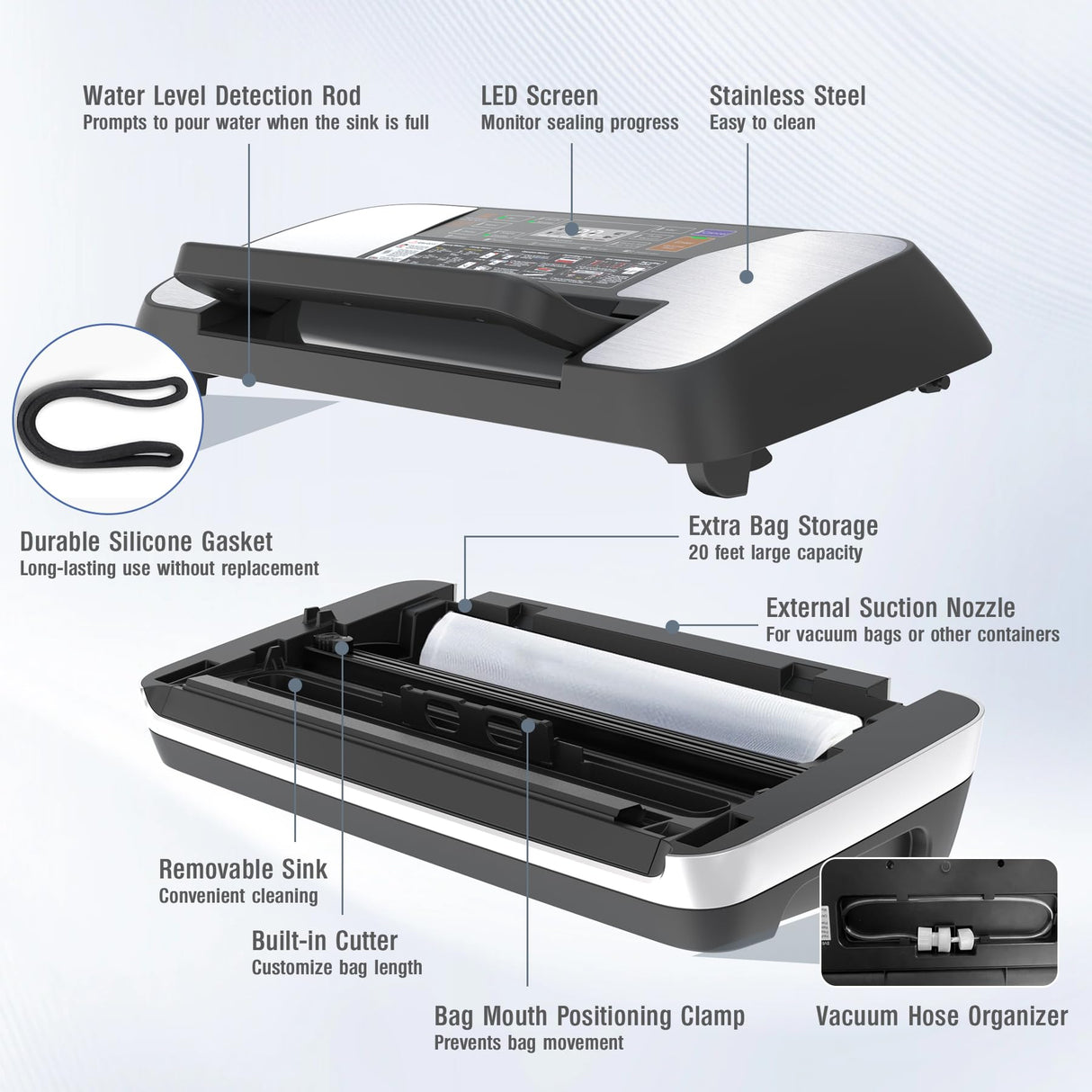 Commercial Food Vacuum Sealer Machine, 230 Watts Food Sealer Vacuum Sealer for Food with Double Heat Seal, Easy Lock Handle, 12 Functions, 1 Roll and 10 Pre-cut Bags, Progress Display OidoZac