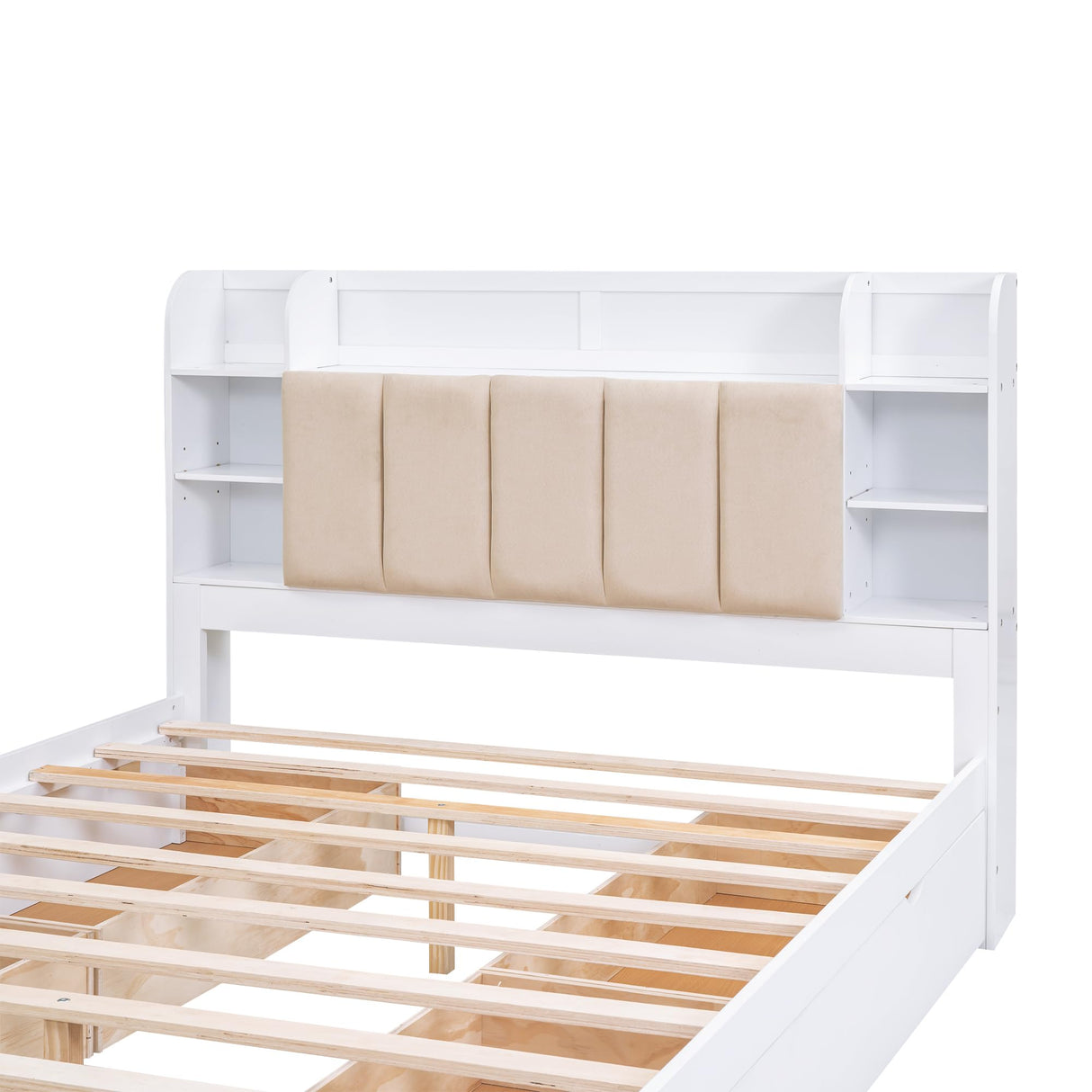 P PURLOVE Queen Storage Bed Frame with Upholstered Headboard, Shelves and 4 Drawers in White P PURLOVE