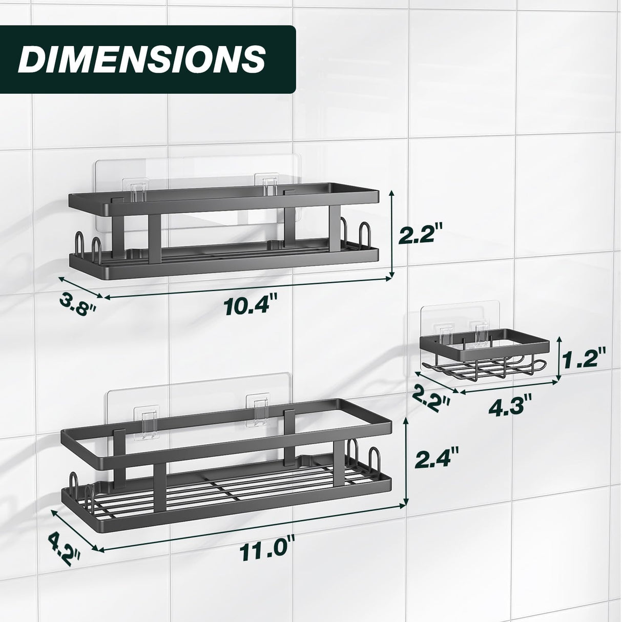Youvip Adhesive Shower Caddy,Shower Shelves with Soap Holder and 12 Hooks,Rustproof No Drilling Bathroom Organizer and Storage,Black,3 Pack Youvip