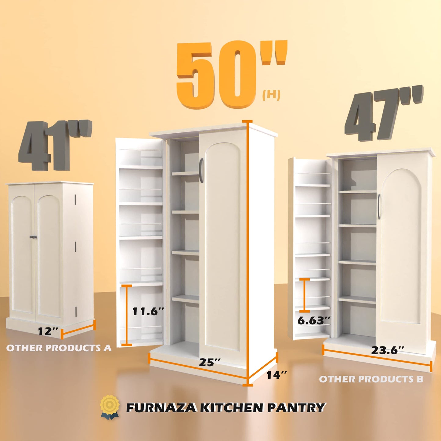 Furnaza 50" LED Kitchen Pantry Storage Cabinets - Food Cabinets Cupboards with 2 Doors with Racks and Shelves Adjustable for Small Space in Dinning Room, Living Room, in White - WoodArtSupply