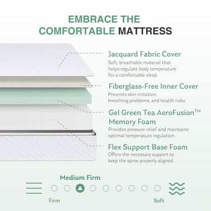 Queen Mattress in a Box, 8 inch Mattresses for Platform Bed Double Size Daybed, Green Tea Memory Foam Medium Firm