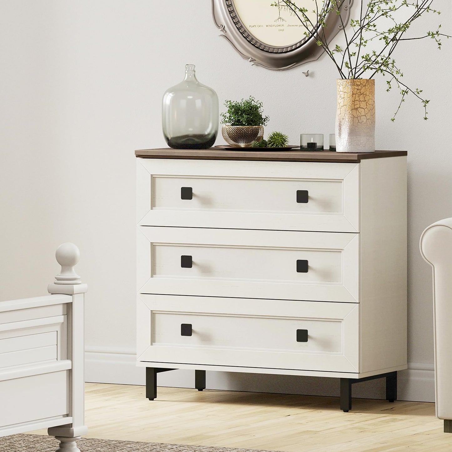 FENSULN Farmhouse 9 Drawers Dresser for Bedroom, Wood Chest of Drawers with Large Storage, Rustic Closet Dresser for Bedroom, Living Room,Nursery Antique White