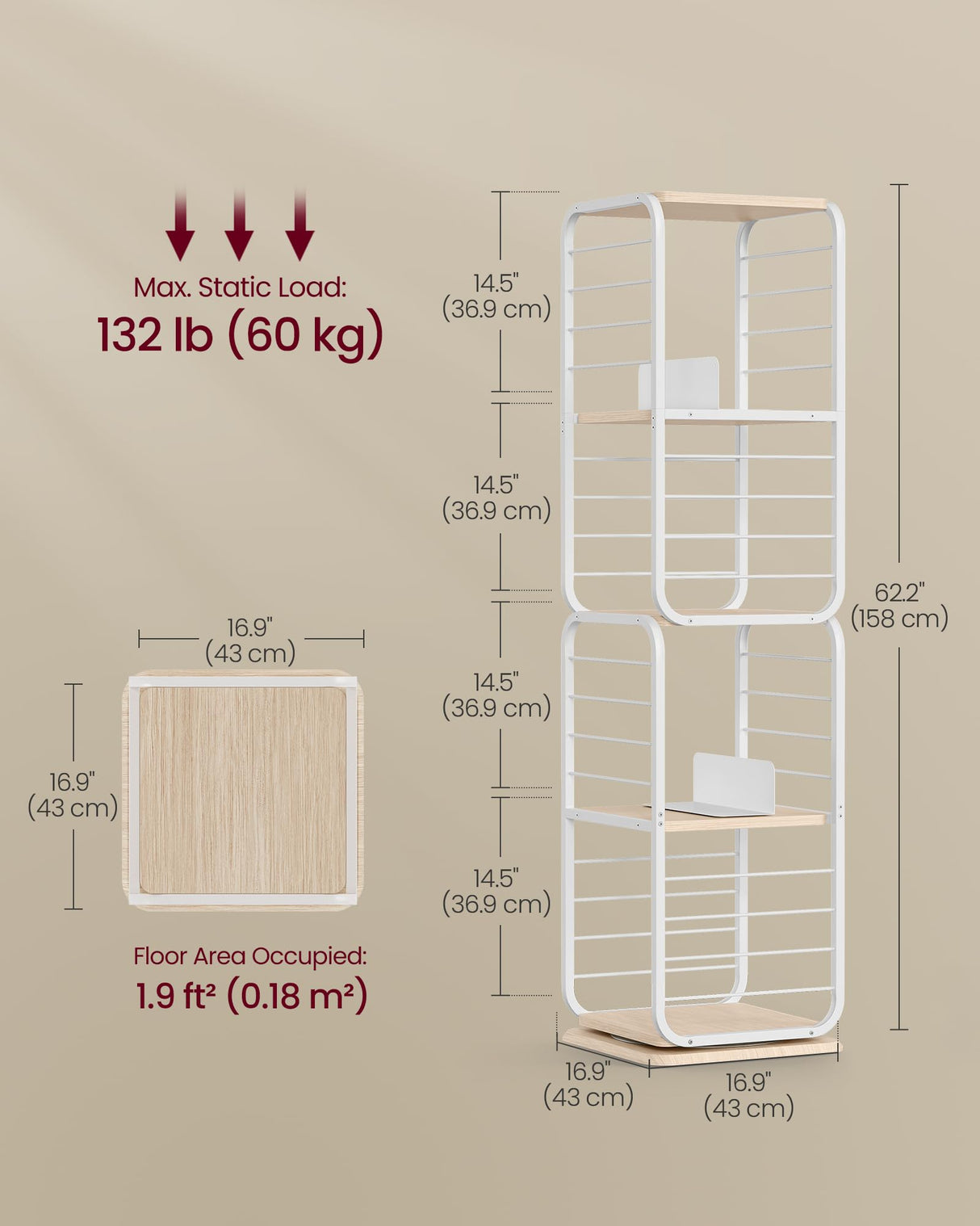 VASAGLE 4-Tier Rotating Corner Bookshelf with Bookends in Cloud White VASAGLE