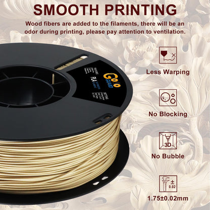 Goto Guard 3D Printer Filament, Natural Wood PLA Filament 1.75mm, 3D Printing Filament Matte Wood PLA with Real Wood Fiber for 3D Printers, Dimensional Accuracy 1.75±0.02mm, 1KG(2.2lbs)