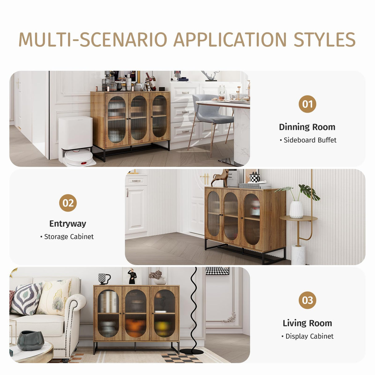 YHAOWORKS Sideboard Buffet Cabinet with Storage - Modern Fluted Glass 3 Doors Accent Storage Cabinet with Metal Legs, Wood Credenza for Living Room (Walnut 1PC) YHAOWORKS