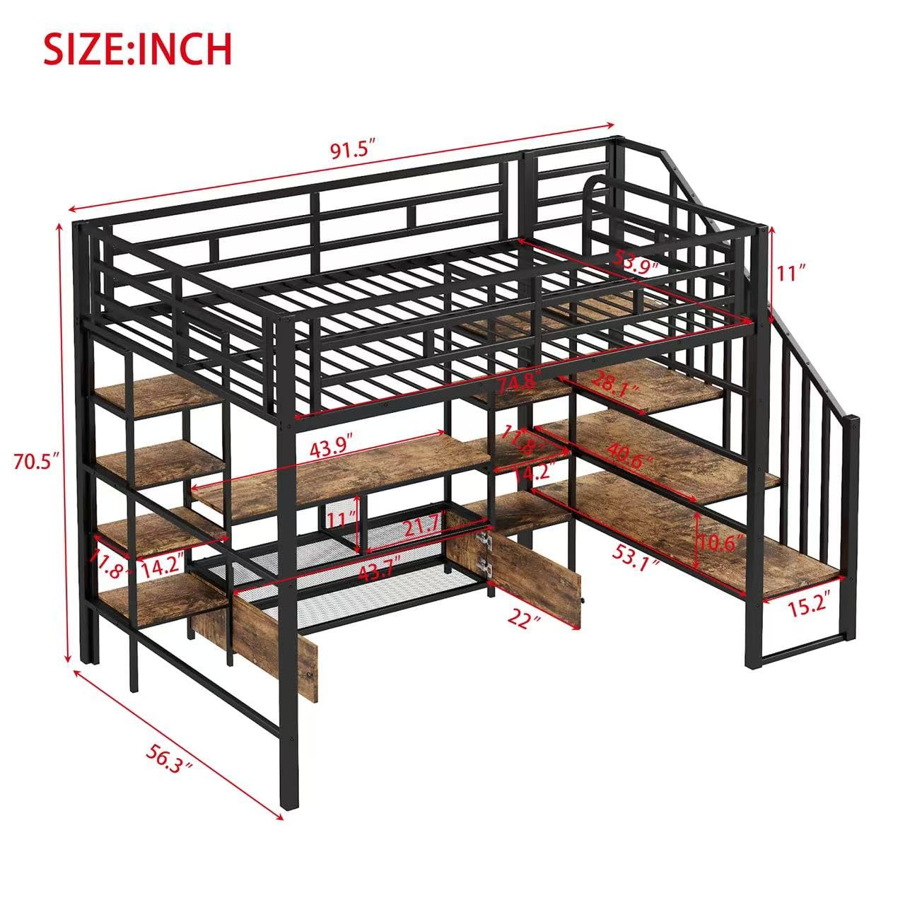 Ziraukon Full Size Metal Loft Bed with Staircase, Heavy Duty Bed Frame, Low Storage Table and Storage Shelves, Maximize Space Saving, Study and Multifunctional, Black