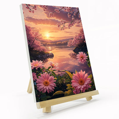JOOZ Flowers Paint by Numbers Kit for Adults with Frame, Sunset Paint by Number with Easel, Adult Paint by Number Kits Framed Canvas, DIY Sunset Landscape Oil Painting Kit for Wall Decor 8 x 12 Inch