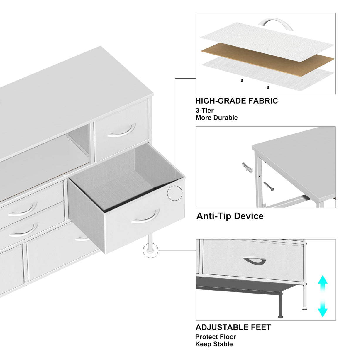 Simoretus Dresser with Charging Station and LED Light for Bedroom 8 Fabric Drawers with PU Finish Long Wide Dresser Chest of Drawers Open Shelf for Living Room TV Stand Closet Hallway (White) Simoretus