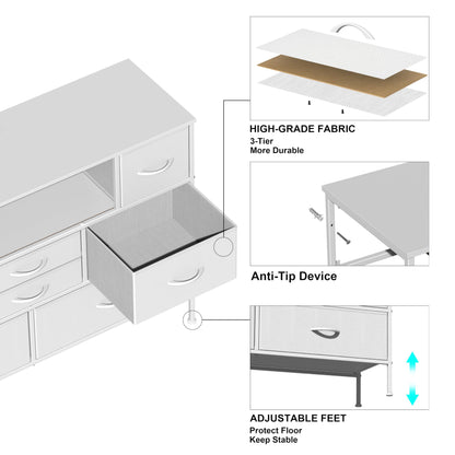 Simoretus Dresser with Charging Station and LED Light for Bedroom 8 Fabric Drawers with PU Finish Long Wide Dresser Chest of Drawers Open Shelf for Living Room TV Stand Closet Hallway (White) - WoodArtSupply