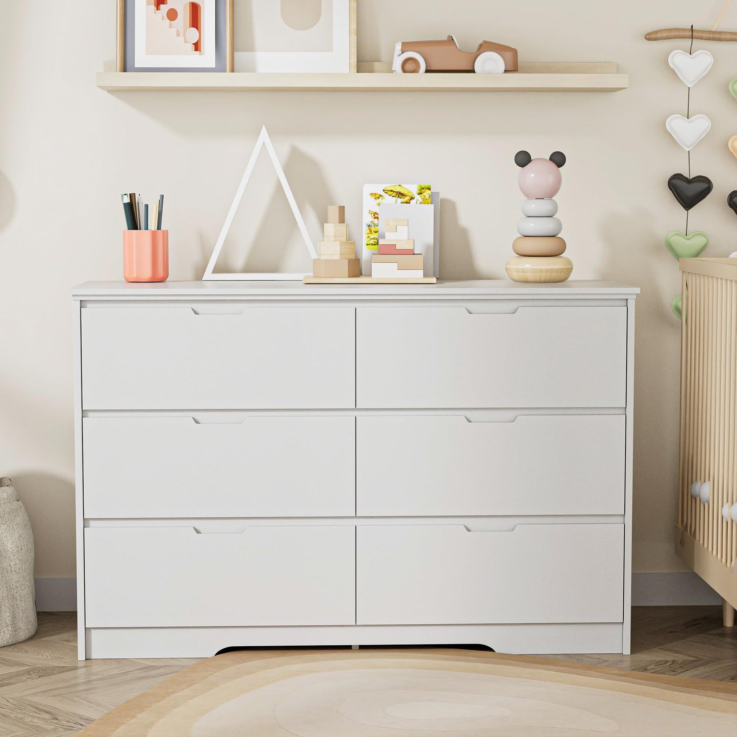 6 Drawers White Dresser for Bedroom, Wood Large Double Dresser with Hidden Handles, Modern Chests of Deep Drawer Storage Organizer for Hallway, Entryway