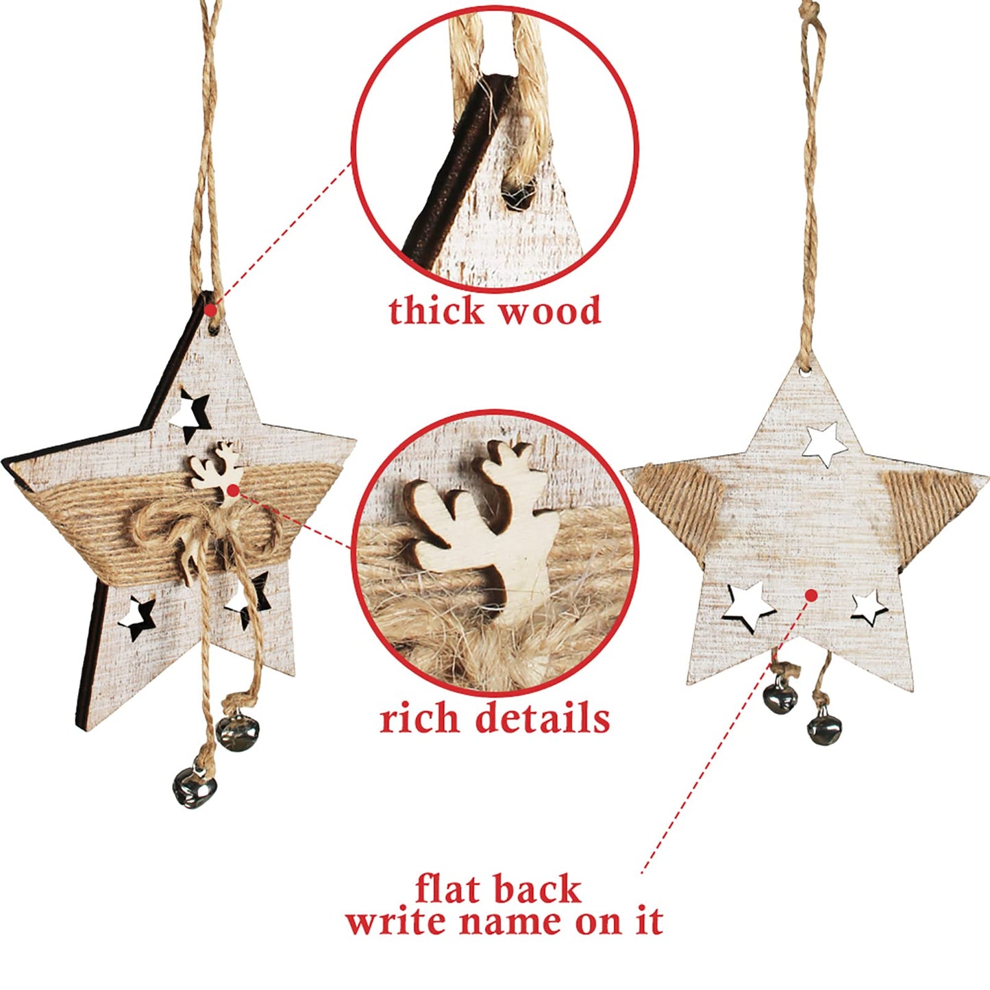 Partybus Wooden Christmas Ornaments, Set of 12 Farmhouse Rustic Burlap Christmas Tree Ornaments Decorations with Drawstrings for Gifts Cards, DIY Crafts, New Year Décor