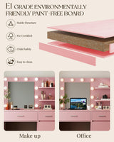 LIVELYGLOW Vanity with Lights, Makeup Vanity with Mirror, 3 Lighting Modes, for Bedroom, Pink LIVELYGLOW