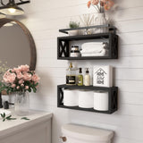 RICHER HOUSE Floating Shelves with Guardrail, Rustic Wood Shelves for Wall Décor, Farmhouse Bathroom Accessories Wall Mounted, Bathroom Wall Organizer over Toilet Storage, Kitchen, Living Room - Black RICHER HOUSE