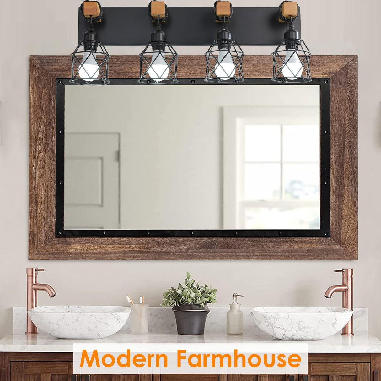 Farmhouse Vanity Light Fixture,4-Light Bathroom Lighting,Black Industrial Wood Wall Light Over Mirror with Metal Shade,LED Bulbs Included vivihobb