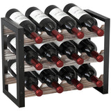 JACKCUBE Design Wine Rack Freestanding Floor 3 Tier Stackable 12 Wine Bottle Holder Storage Racks Countertop, Liquor Shelf Stand (Rustic Wood and Black Metal Frame)- MK521A J JACKCUBE DESIGN