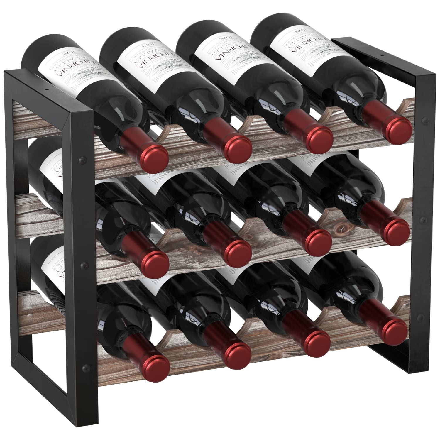 JACKCUBE Design Wine Rack Freestanding Floor 3 Tier Stackable 12 Wine Bottle Holder Storage Racks Countertop, Liquor Shelf Stand (Rustic Wood and Black Metal Frame)- MK521A - WoodArtSupply