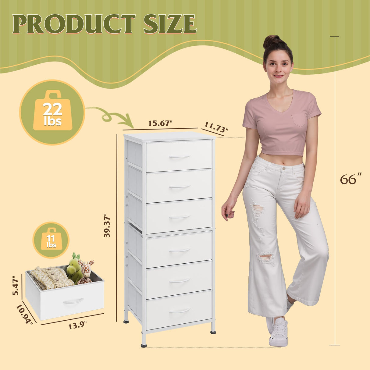 WLIVE White Tall Dresser for Bedroom, 6 Drawer Dressers & Chests of Drawers, Fabric Dresser for Closet, Living Room, Night Stand with Metal Frame, Storage Tower with Fabric Bins, Wood Top WLIVE