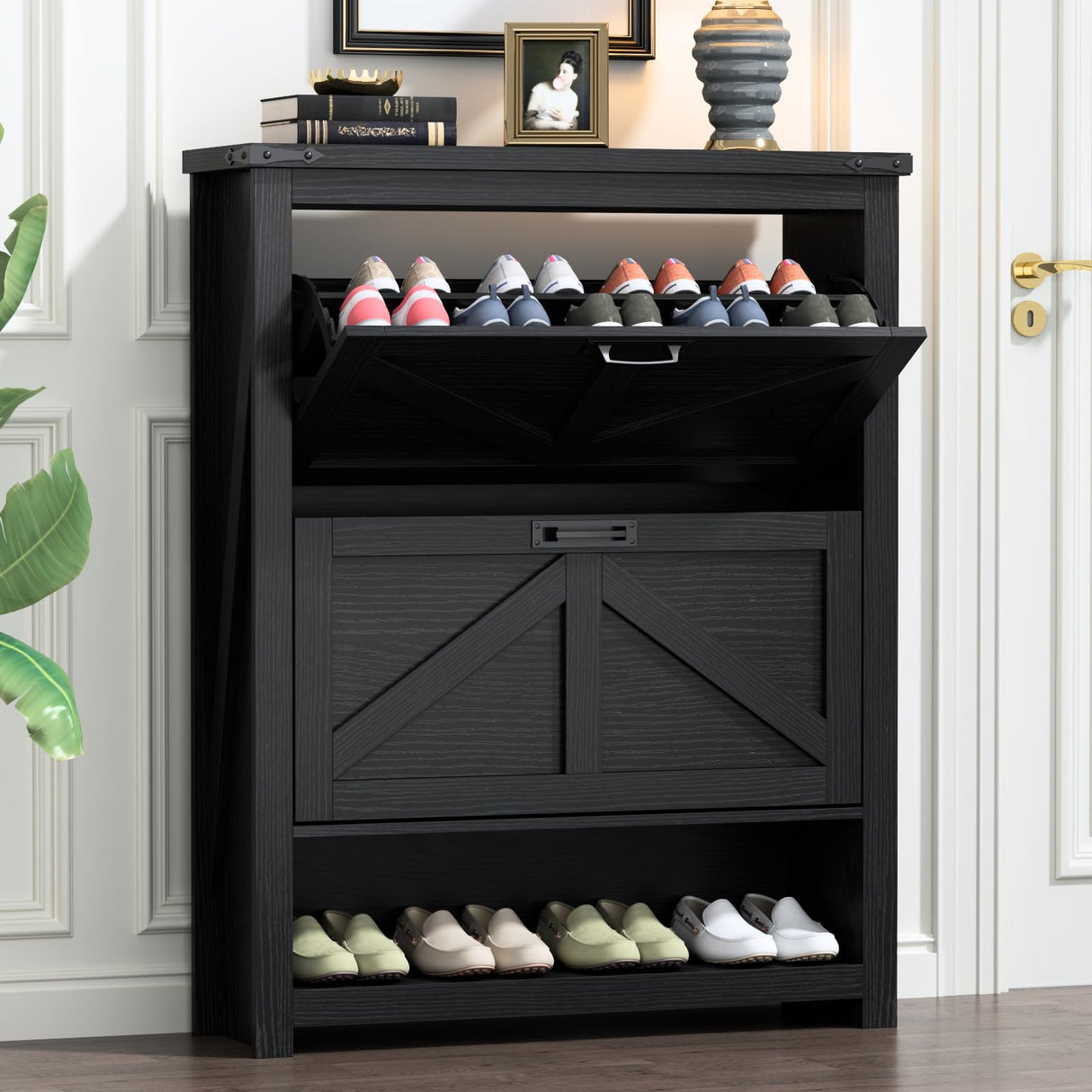Loomie Farmhouse Shoe Cabinet,Free Standing Tipping Bucket Shoe Rack Organizer with 2 Flip Drawers,Entryway Narrow Shoe Storage with Storage Cubby,Modern Slim Hidden Shoe Cabinet with Doors, Black Loomie