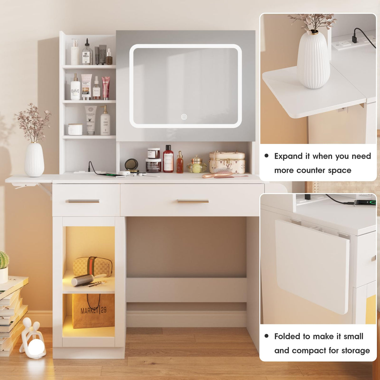 Vabches Vanity Desk with Mirror and Lights, Makeup Vanity with Charging Station, Vanity Table with Drawers, Shelves and Large Storage Cabinet for Home and Bedroom Vabches