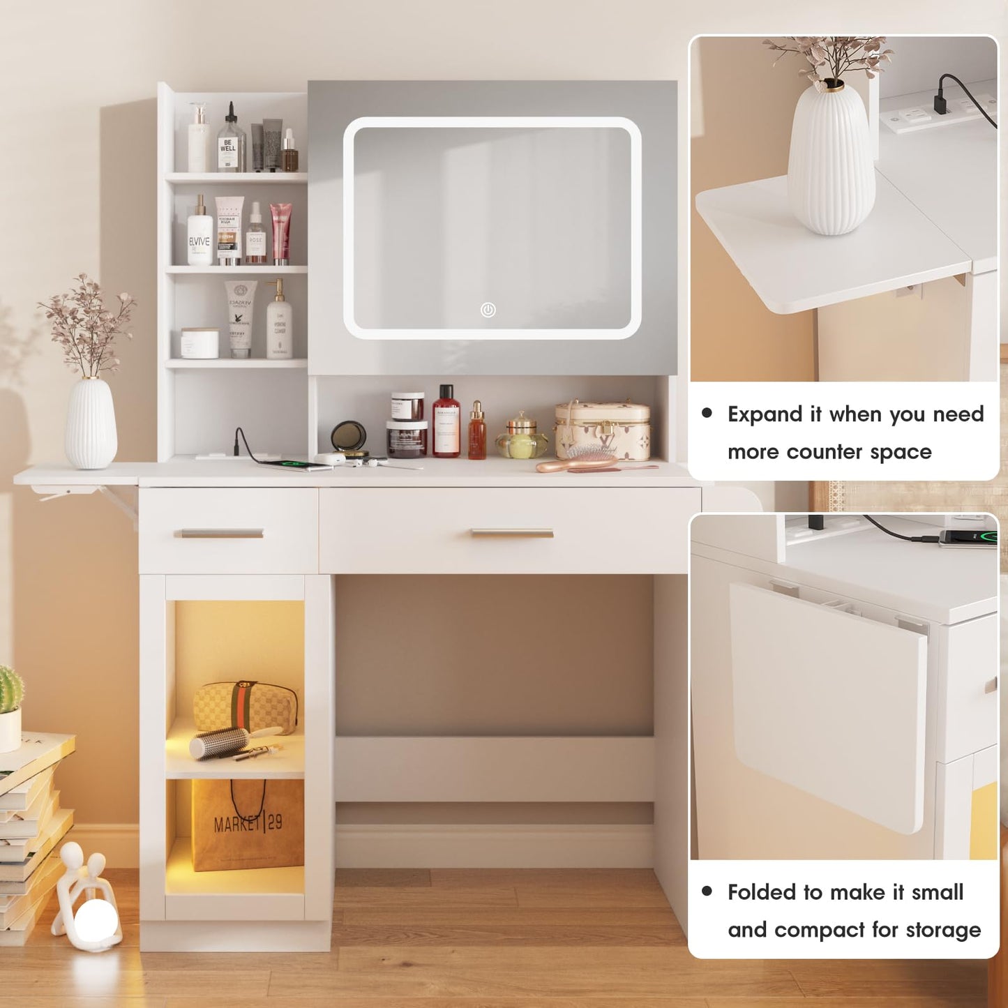 Vabches Vanity Desk with Mirror and Lights, Makeup Vanity with Charging Station, Vanity Table with Drawers, Shelves and Large Storage Cabinet for Home and Bedroom