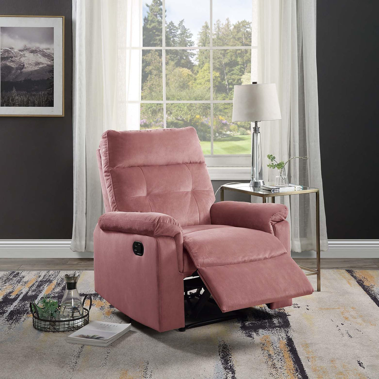 Luxury Velvet Manual Recliner Chair - Overstuffed Recliner with Tufted Back & Pillow Top Arms, Tuft Reclining Chairs with Adjustable Footrest, Mid Century Manual Recliners for Living Room (Pink) JCRRFLT