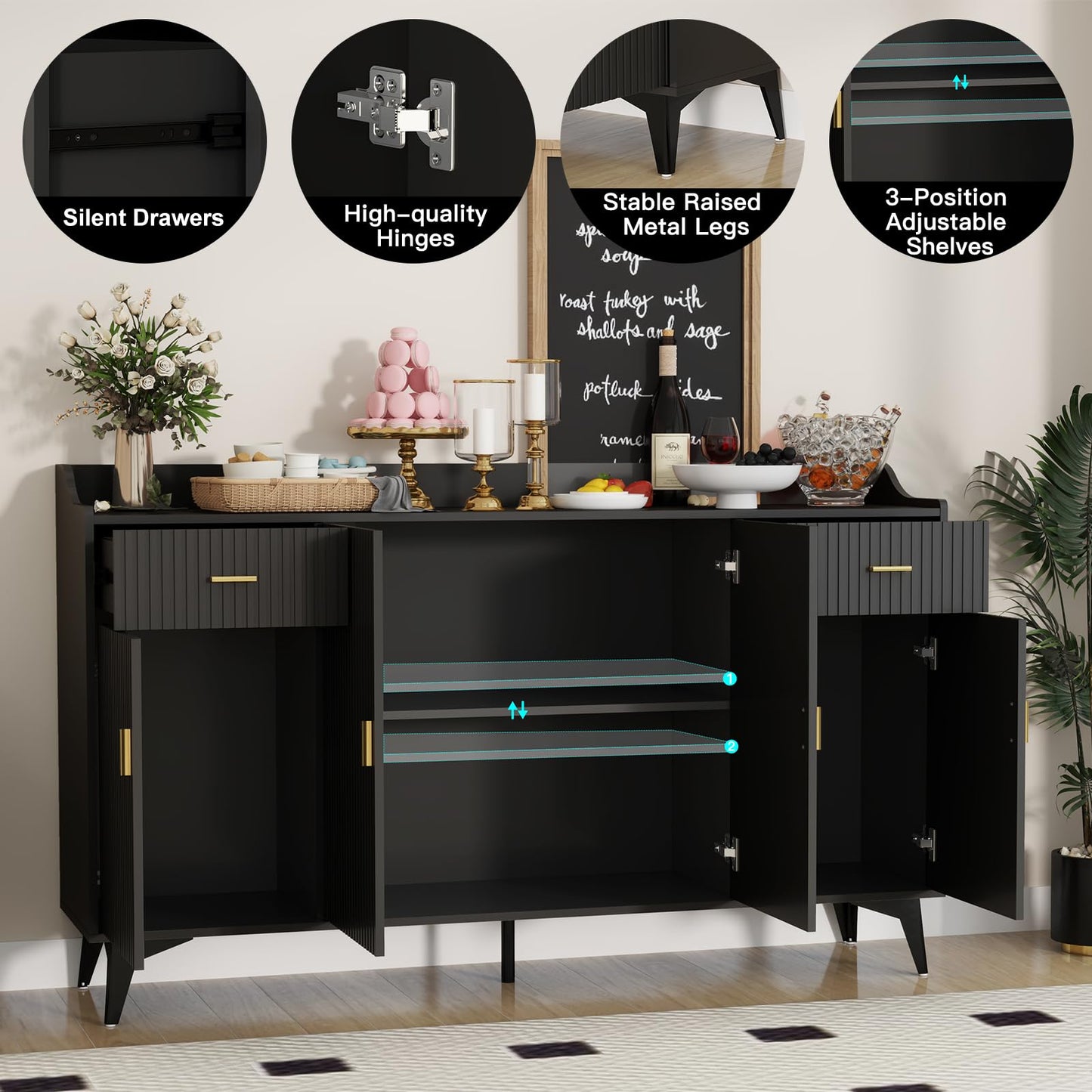 Wakefit Sideboard Buffet Cabinet with Storage, Fluted Doors & Drawer, Wood Farmhouse Credenza Coffee Bar Cabinet with Baffle Tabletop and Handles for Kitchen, Living Dining Room, Black - WoodArtSupply