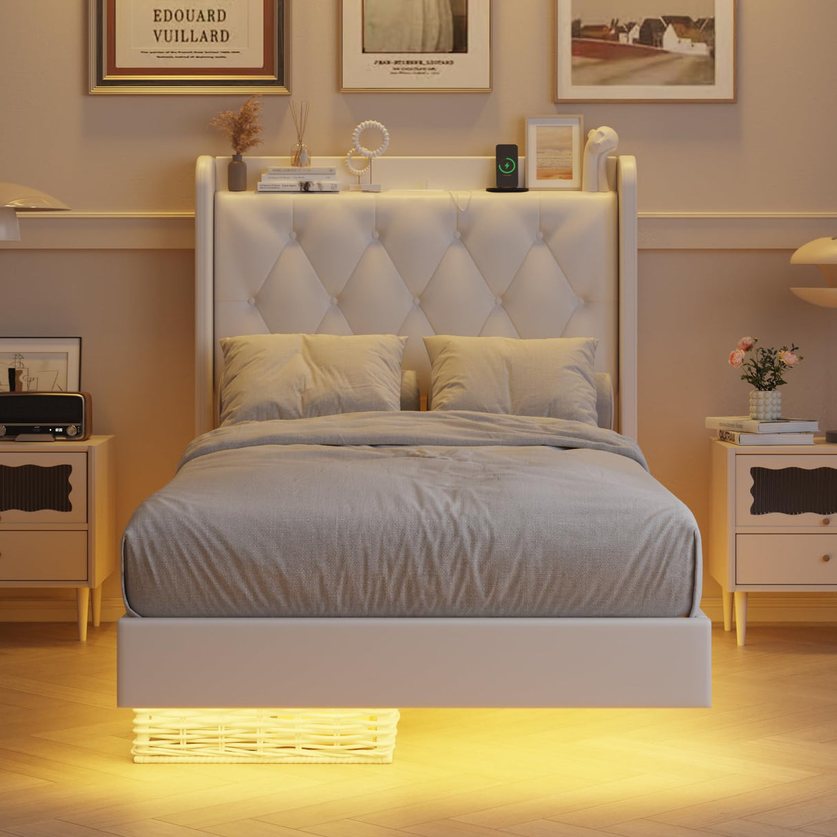 Halitaa Twin Size Floating Bed Frame with LED Lights & Charging Station, White Upholstered PU Leather Halitaa
