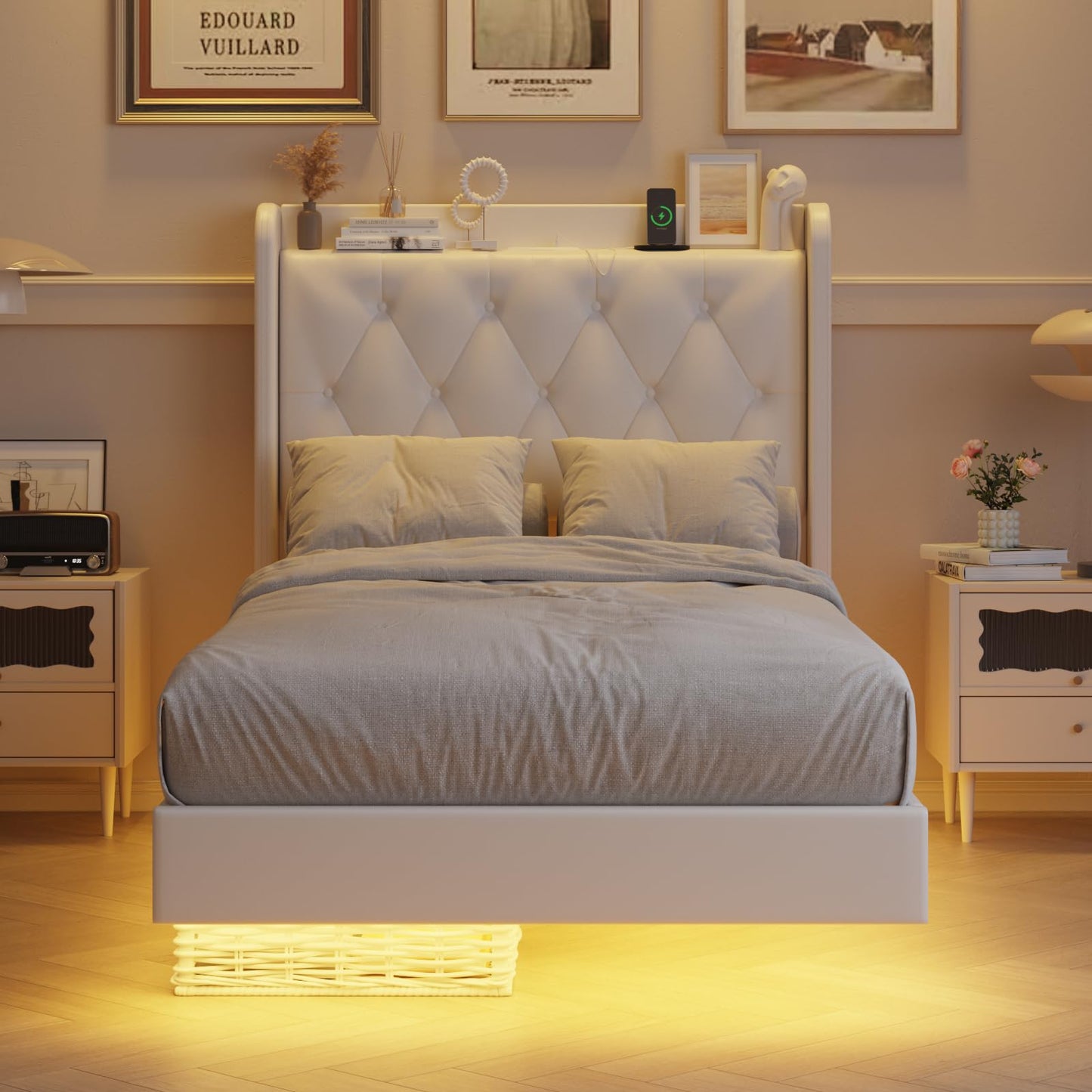 Halitaa Twin Size Floating Bed Frame with LED Lights & Charging Station, White Upholstered PU Leather - WoodArtSupply