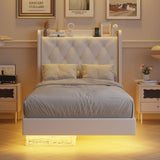 Halitaa Twin Size Floating Bed Frame with LED Lights & Charging Station, White Upholstered PU Leather Halitaa