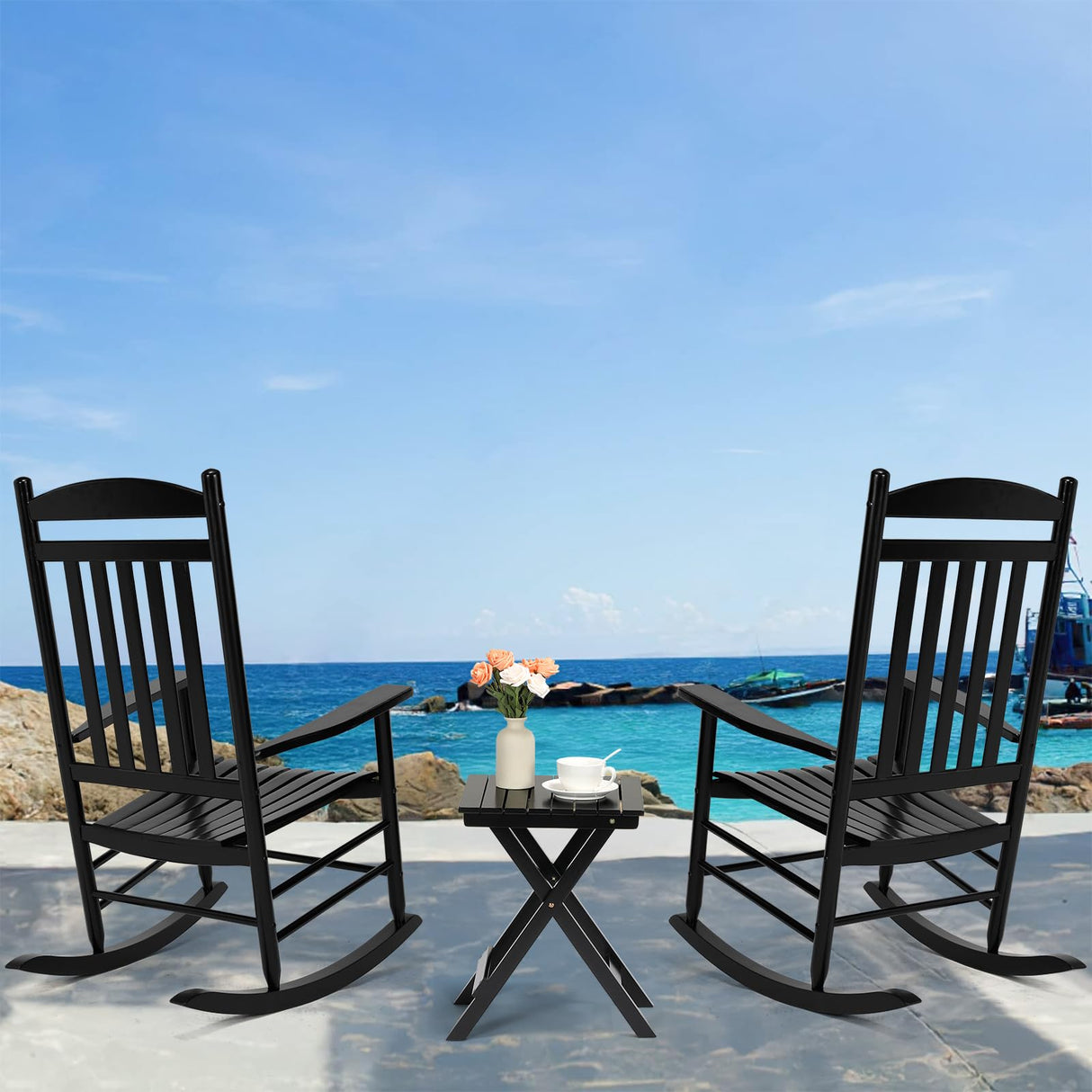 MAMIZO Soild Wood Outdoor Rocking Chair with High Back, Porch Rocking Chairs Oversized Easy to Assemble for Porch Garden, Lawn, Balcony, Backyard, Wooden Rocking Chair Outdoor and Indoor (Black) MAMIZO