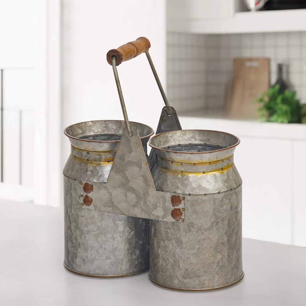 UPPER DECOR Set of 2 Rustic Galvanized Metal Utensil Holders with Handles, Farmhouse Kitchen Crocks for Spoons, Forks, and Knives, Countertop Organizer Buckets for Rustic Kitchen Décor, 8x4x6.75 Inch UPPER DECOR
