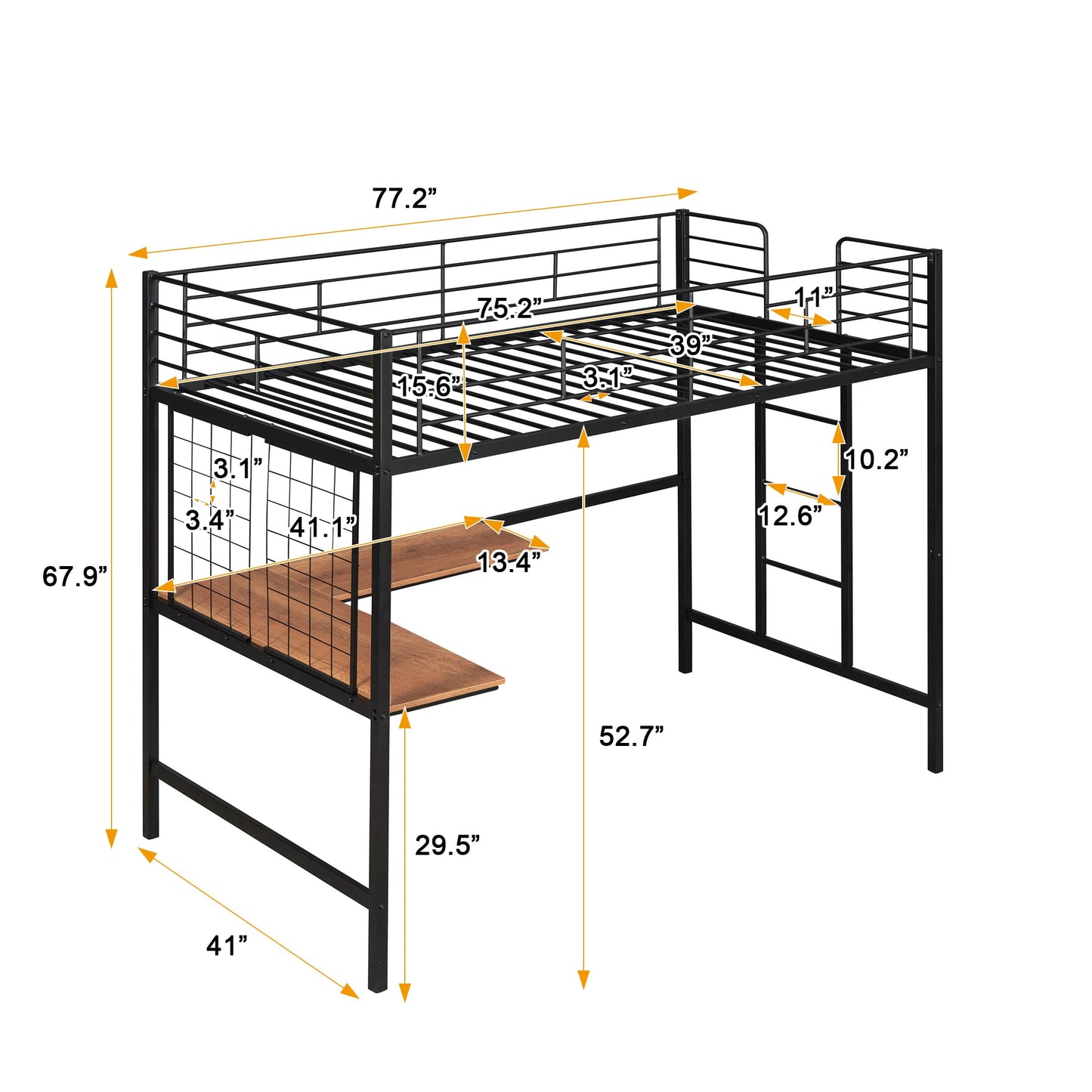 Harper & Bright Designs Twin Size Metal Loft Bed with L-Shape Desk, High Loft Bed with Metal Grid and Ladder,Loft Bed for Kids Teens Adults, No Box Spring Needed (Black)