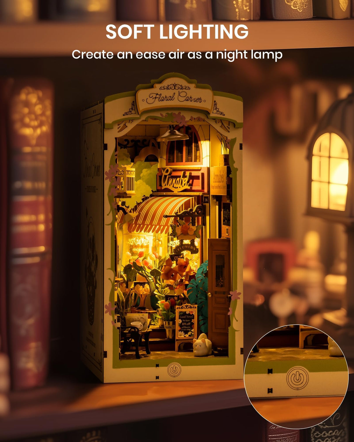 Rolife DIY Book Nook Kits for Adults, Miniature Dollhouse Booknook Kit for Home Room Decor, 3D Wooden Puzzle with LED, Flower Corner Creative Bookends Bookshelf Diorama Insert Rolife