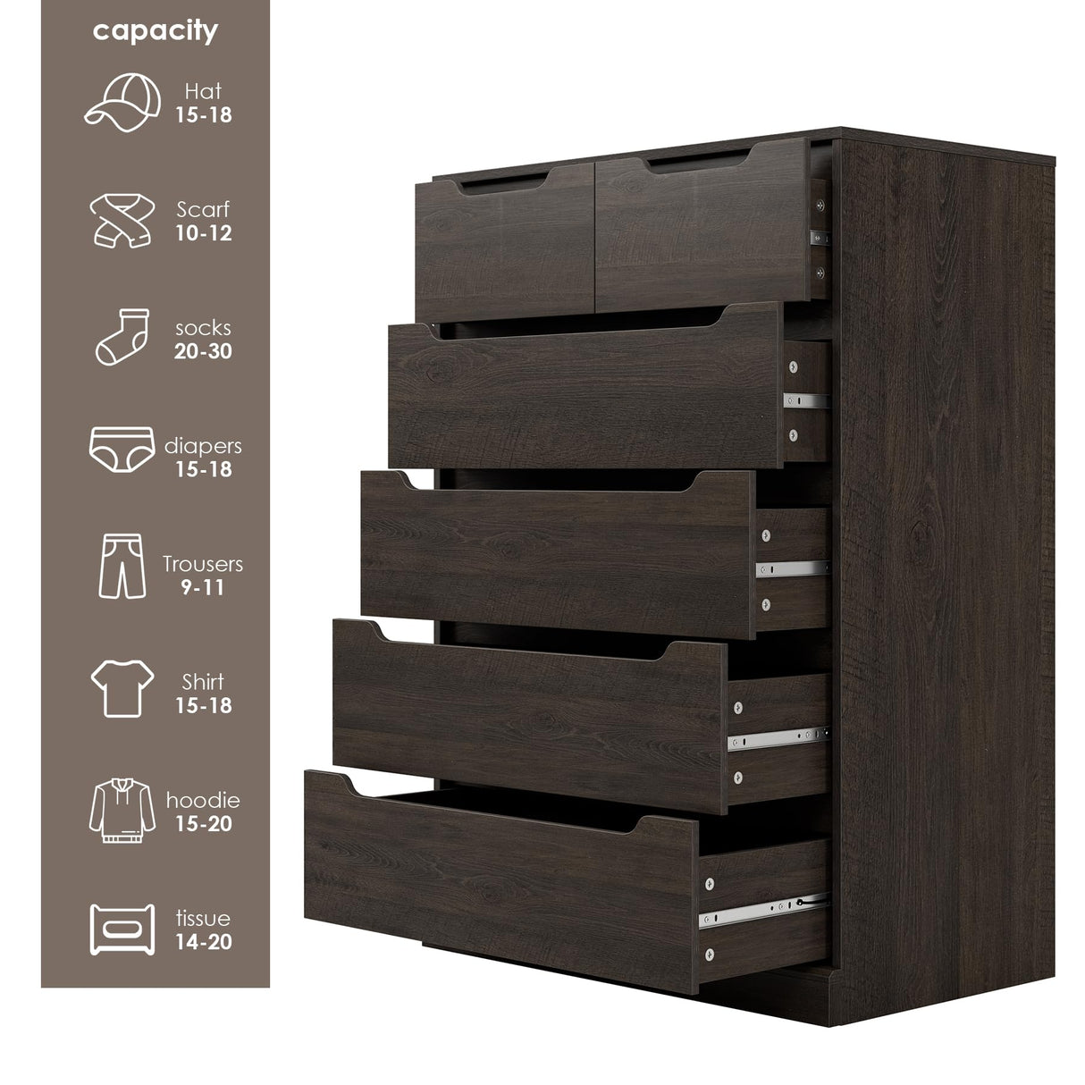HOSTACK Modern 6 Drawer Dresser for Bedroom, Tall Chest of Drawers with Storage, Large Wood Storage Chest Organizer with Cut-Out Handle, Accent Storage Cabinet for Living Room, Hallway, Dark Brown HOSTACK