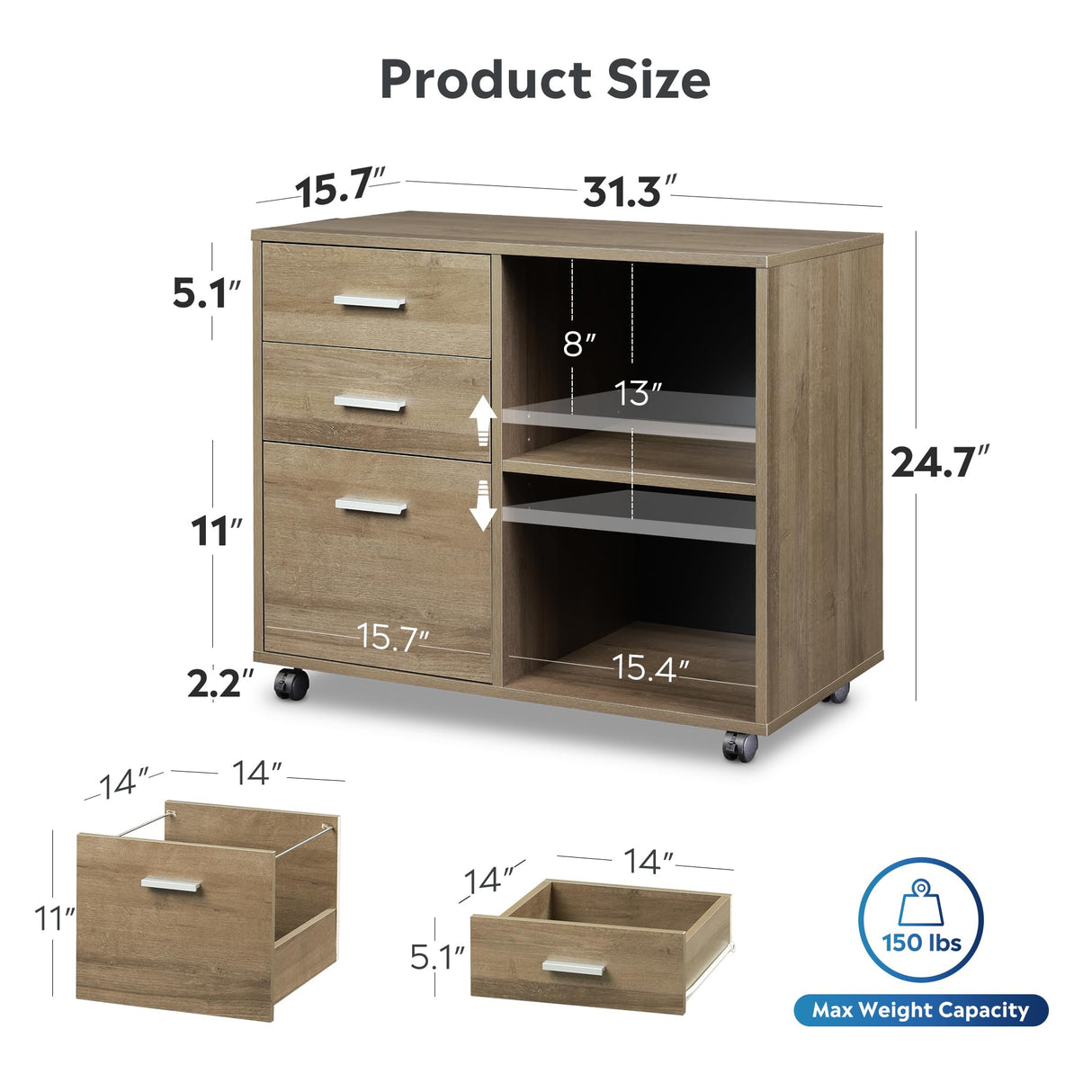 DEVAISE 3-Drawer Wood File Cabinet, Mobile Lateral Filing Cabinet, Printer Stand with Open Storage Shelves for Home Office, Gray Oak DEVAISE