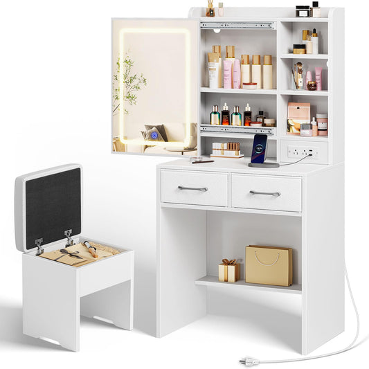 Seventable Vanity Desk with Sliding Mirror & Storage Stool, Vanity Set with LED Light, Charging Station, 2 Drawers & Storage Shelves, Makeup Table with 3 Adjustable Lighting Modes for Bedroom, White