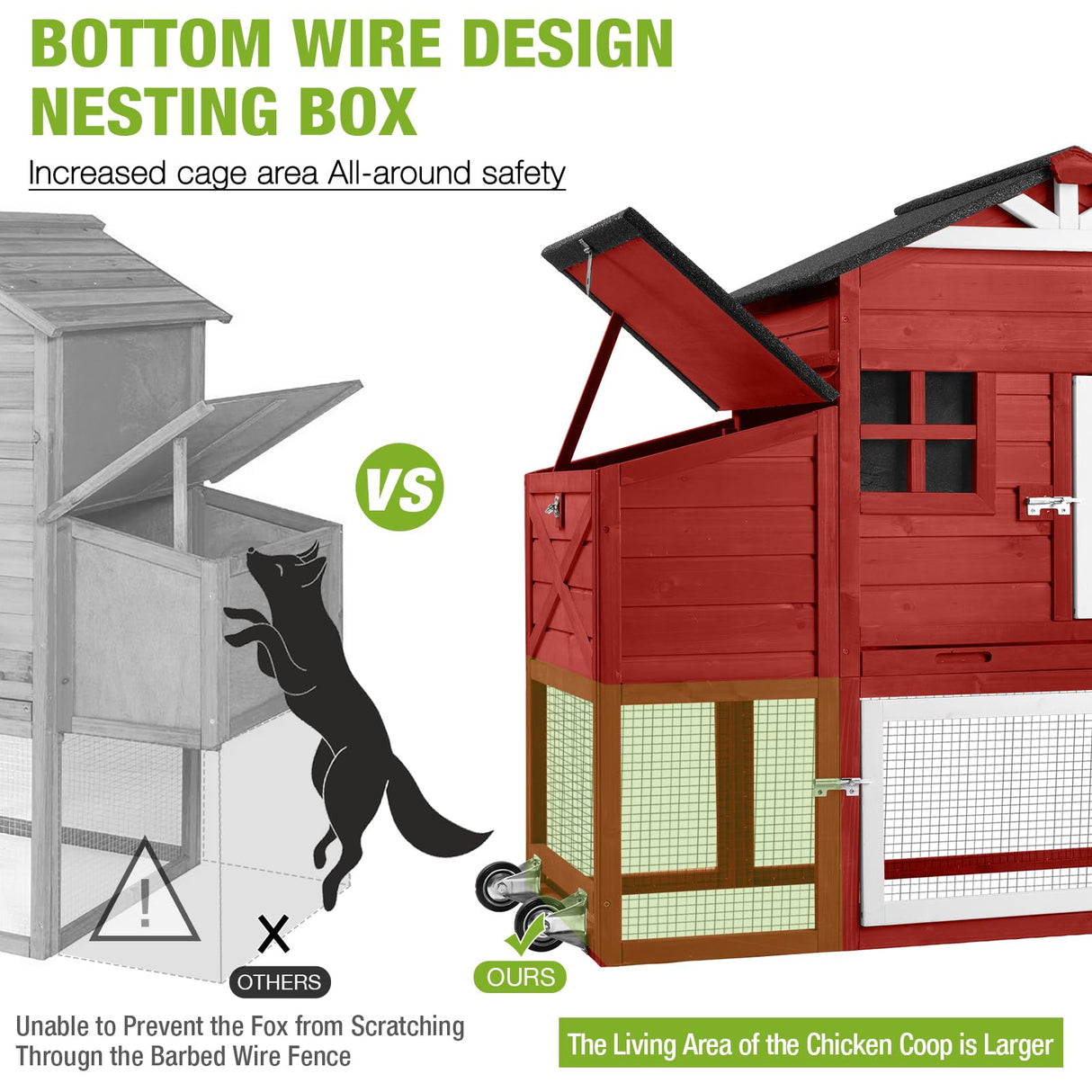 GUTINNEEN Chicken Coop Outdoor Wooden Hen House 65" with Large Nesting Box, Poultry Cage with Removable Tray,UV Proof Roof red GUTINNEEN
