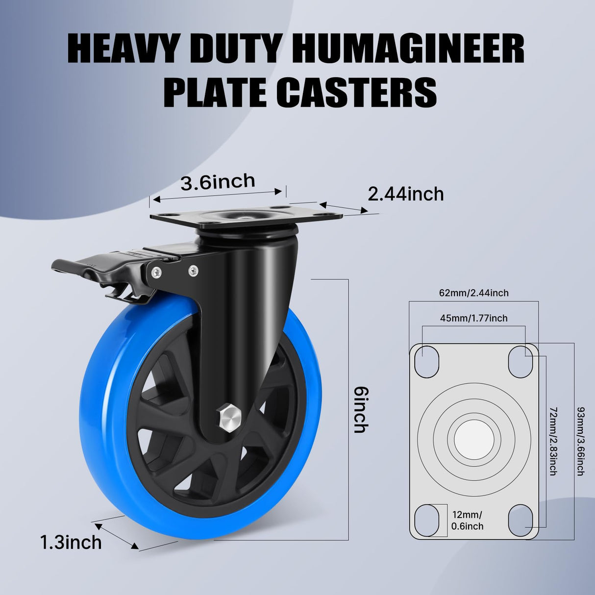 Humagineer 6 Inch Heavy Duty Casters Set of 4, 2600 Lbs Casters, Safety Swivel Casters with Brake, No Noise Top Polyurethane Plate Wheels for Industrial, Furniture, Equipment (Free Hardware Kits) Humagineer