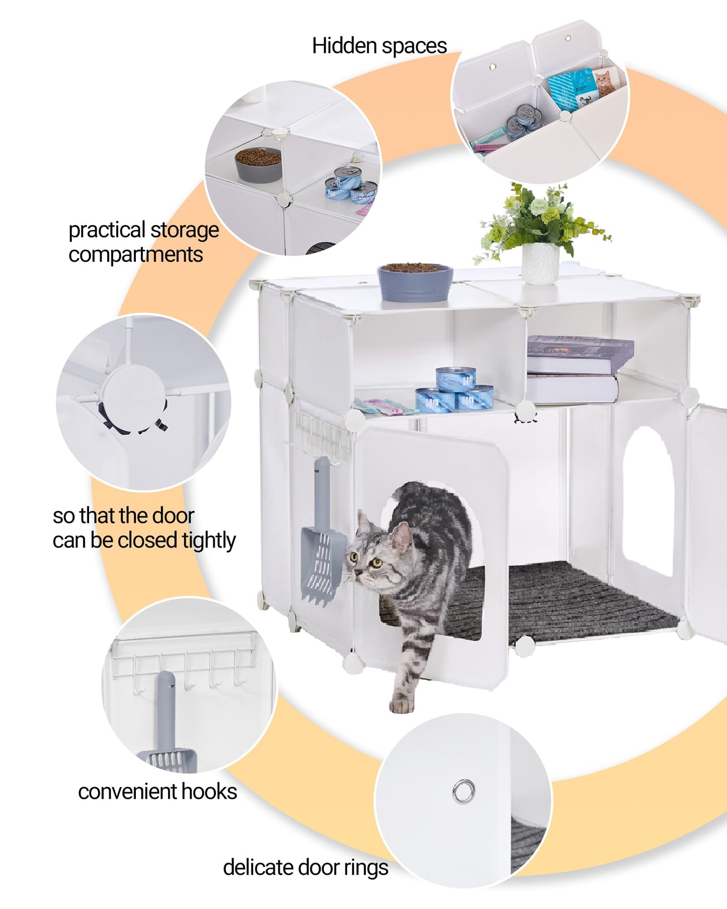 Hzuaneri Cat Litter Box Enclosure, Plastic Covered Little Box with Mat, Splash Proof Litter Box Furniture, with Storage, 23.7 x 18.5 x 22.5 inches, End Table for Living Room, White CB81799WT