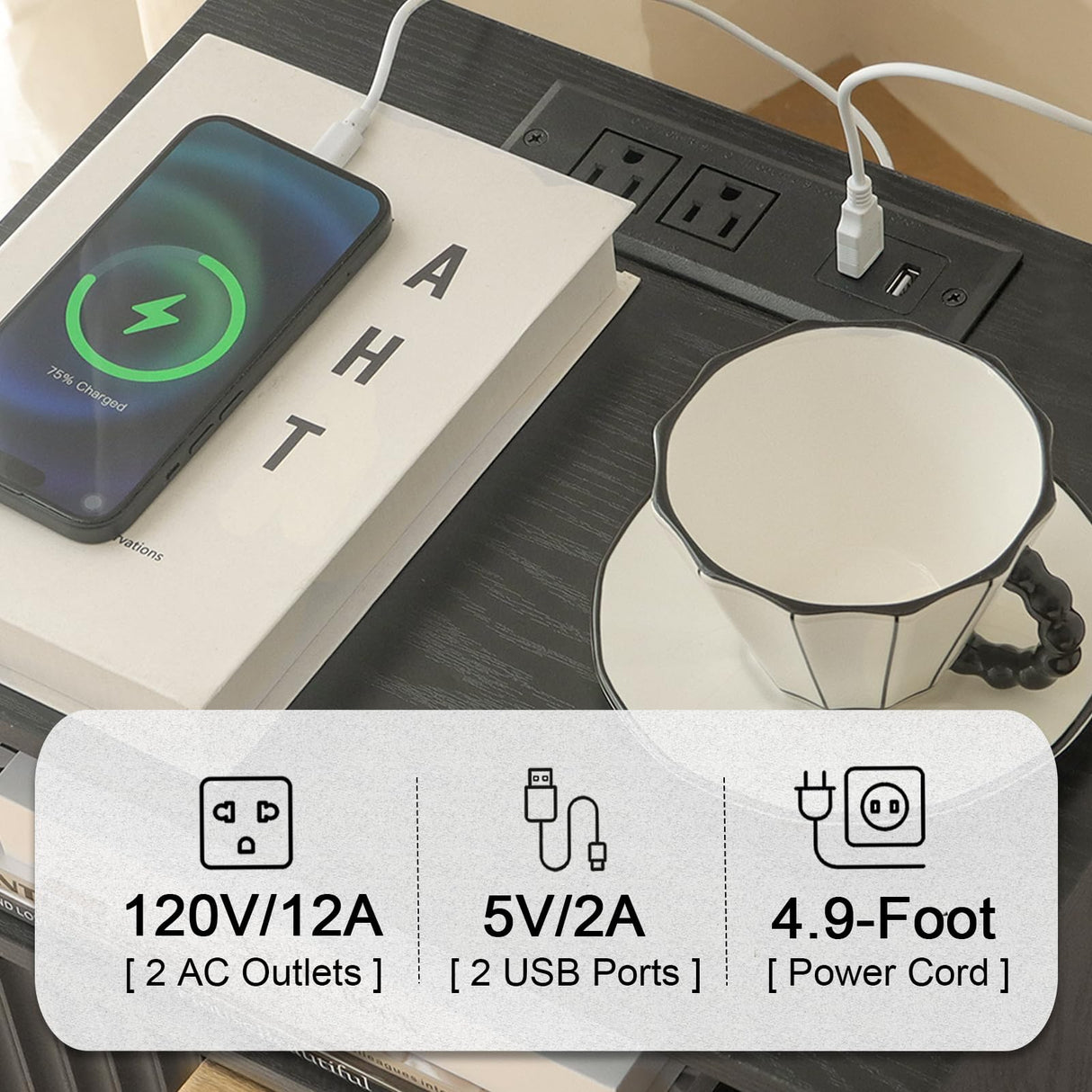 Fultyle Black Nightstand with Charging Station, Mid Cetury Modern Nightstand with Drawers, Fluted End Side Table Living Room for Bedroom and Small Space with Solid Wood (Black) Fultyle