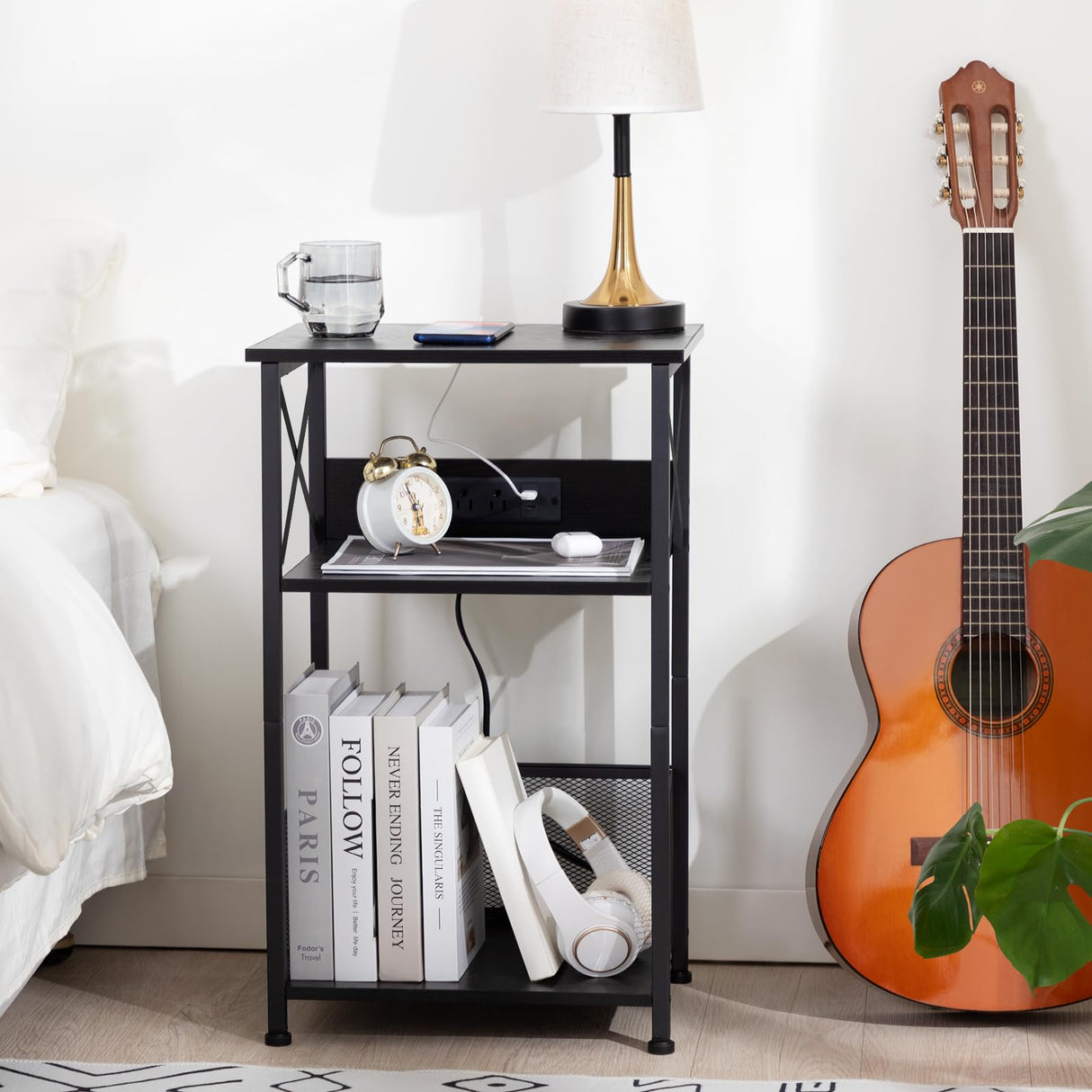 AMHANCIBLE Record Player Stand with Charging Station, Turntable Stand with Storage Cabinet, 3 Tier End Table Hold Up to 100 Albums, Record Stand for Vinyl, Living Room, Black, HETCD01BK-1 AMHANCIBLE