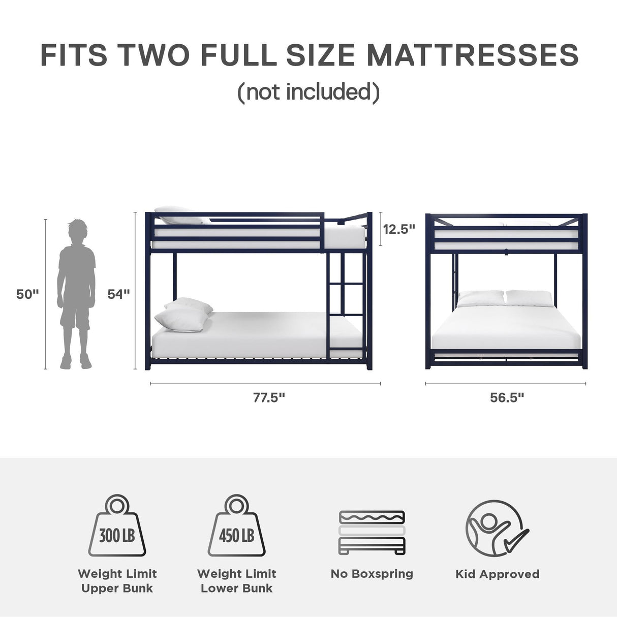 DHP Miles Low Metal Bunk Bed Frame for Kids, With Built-in Ladder, High Guardrail and Metal Slats, Floor Bed Bottom Bunk, No Boxspring Required, For Small Spaces, Full-Over-Full, Blue DHP