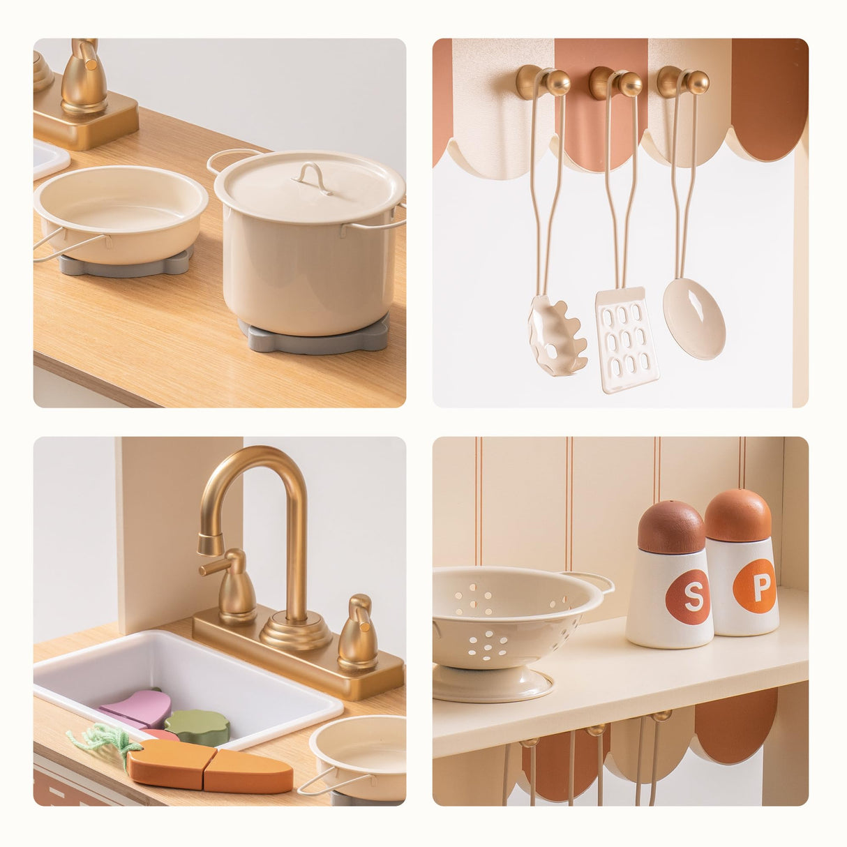 ROBUD Wooden Play Kitchen Set for Kids, Pretend Play Kitchen Toy Set with Golden Faucet, Sink, Oven, Stove, Cabinet, Vintage Style, Gift for Boys & Girls, Ages 3+ ROBUD