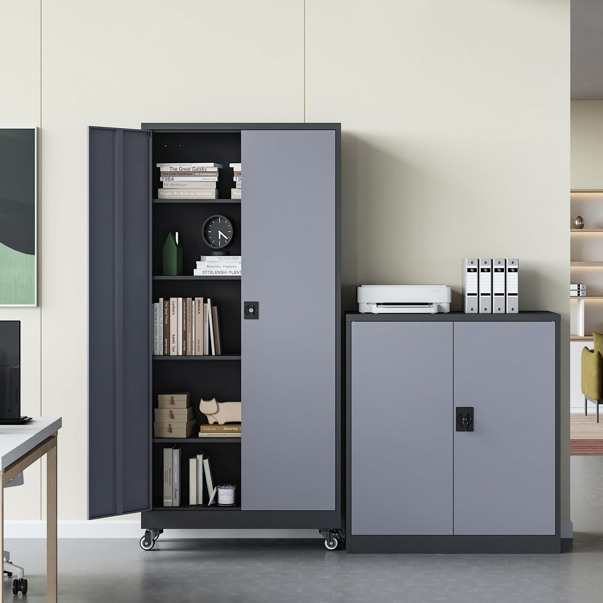 RAVIGIN Metal Garage Storage Cabinet with Wheels, 73" H Locking Tool Cabinet with 2 Doors and 4 Shelves, Tall Steel Cabinet for Garage, Heavy Duty File Cabinet for Office, School (Black Grey) RAVIGIN